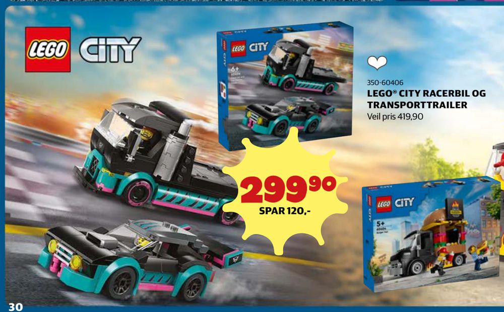 Tilbud på LEGO® CITY RACERBIL OG TRANSPORTTRAILER fra Lekia til 299,90 kr