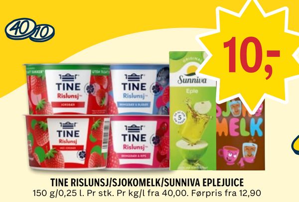 TINE RISLUNSJ/SJOKOMELK/SUNNIVA EPLEJUICE 150 g/0,25 l. Pr stk. Pr kg/l fra 40,00. Førpris fra 12,90