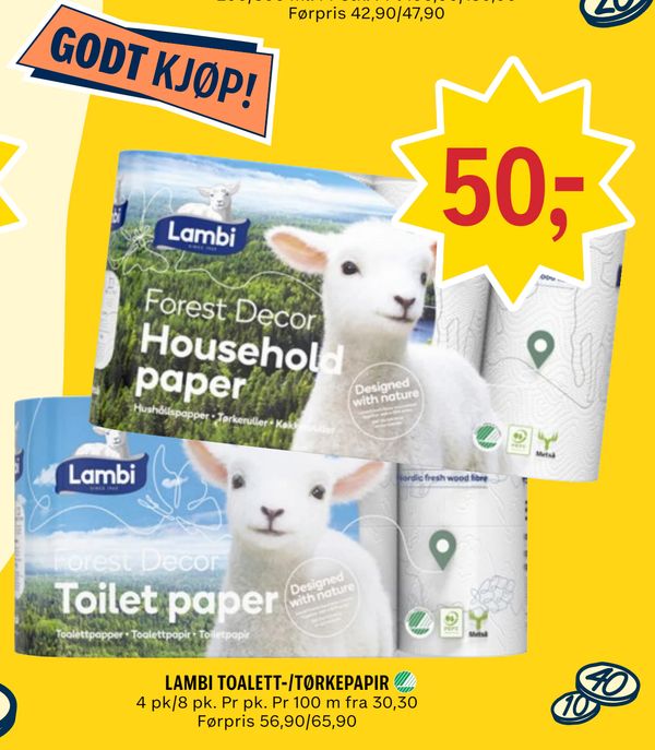 LAMBI TOALETT-/TØRKEPAPIR 4 pk/8 pk. Pr pk. Pr 100 m fra 30,30 Førpris 56,90/65,90