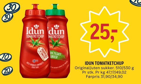 IDUN TOMATKETCHUP Original/uten sukker. 510/530 g Pr stk. Pr kg 47,17/49,02 Førpris 31,90/34,90