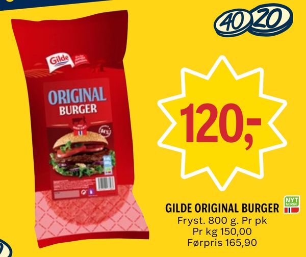 GILDE ORIGINAL BURGER Fryst. 800 g. Pr pk Pr kg 150,00 Førpris 165,90