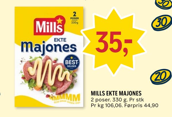 MILLS EKTE MAJONES 35,- 2 poser. 330 g. Pr stk Pr kg 106,06. Førpris 44,90