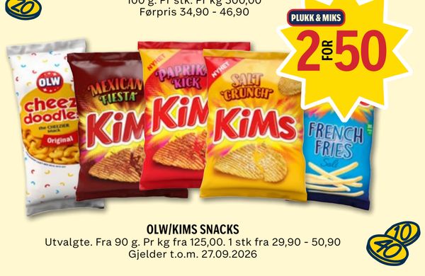 OLW/KIMS SNACKS PLUKK & MIKS 2 FOR 50 Utvalgte. Fra 90 g. Pr kg fra 125,00. 1 stk fra 29,90 - 50,90 Gjelder t.o.m. 27.09.2026