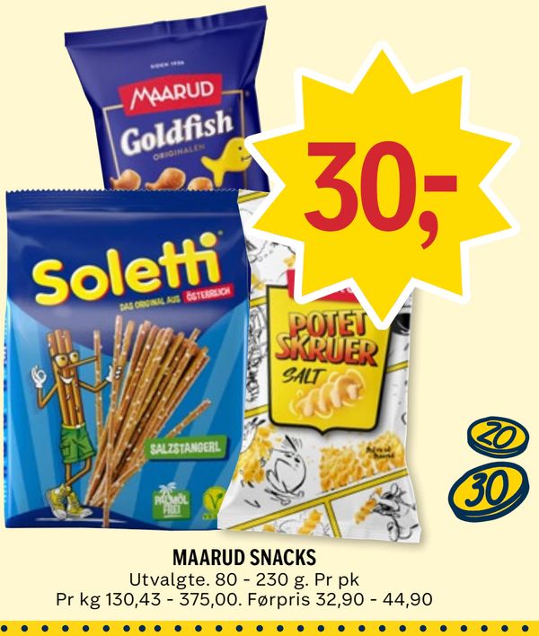 MAARUD SNACKS 30,- Utvalgte. 80 - 230 g. Pr pk Pr kg 130,43 - 375,00. Førpris 32,90 - 44,90