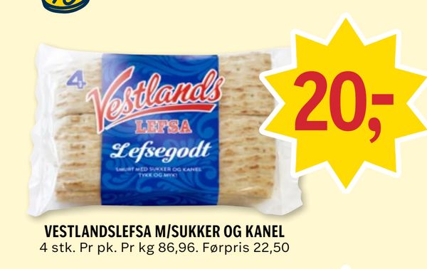 VESTLANDSLEFSA M/SUKKER OG KANEL 4 stk. Pr pk. Pr kg 86,96. Førpris 22,50