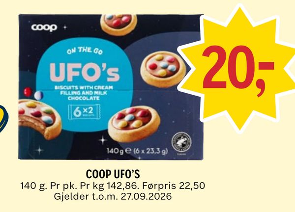 COOP UFO’S 140 g. Pr pk. Pr kg 142,86. Førpris 22,50 Gjelder t.o.m. 27.09.2026