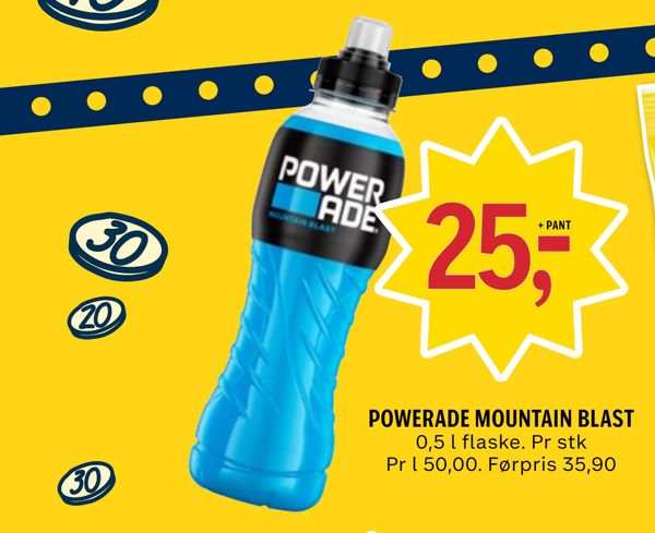 POWERADE MOUNTAIN BLAST + PANT 0,5 l flaske. Pr stk Pr l 50,00. Førpris 35,90