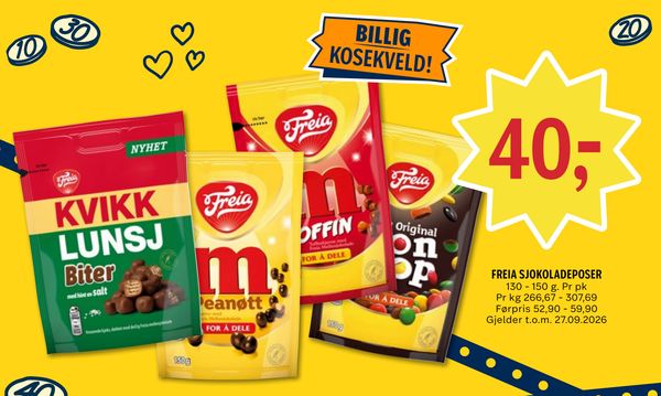 FREIA SJOKOLADEPOSER 130 - 150 g. Pr pk Pr kg 266,67 - 307,69 Førpris 52,90 - 59,90 Gjelder t.o.m. 27.09.2026