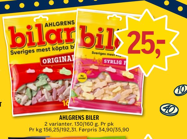 AHLGRENS BILER 2 varianter. 130/160 g. Pr pk Pr kg 156,25/192,31. Førpris 34,90/35,90
