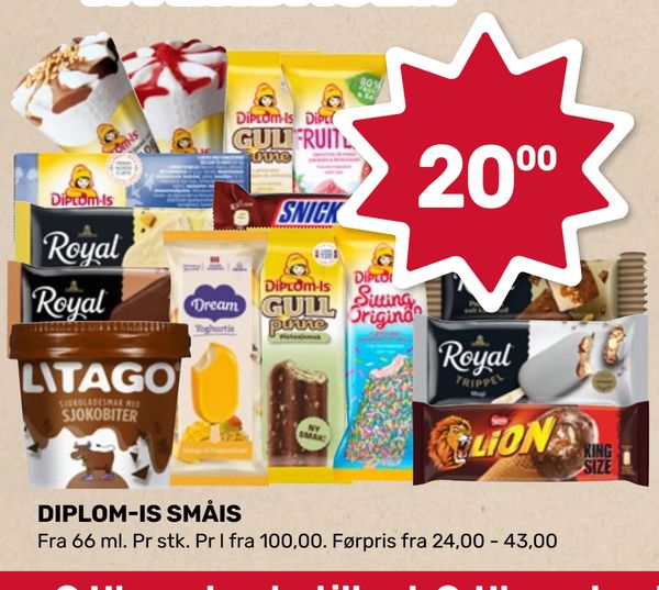 DIPLOM-IS SMÅIS Fra 66 ml. Pr stk. Pr l fra 100,00. Førpris fra 24,00 - 43,00