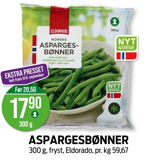 ASPARGESBØNNER 300 g, fryst, Eldorado, pr. kg 59,67 EKSTRA PRESSET helt fram til 6. september Før 20,50 300 g