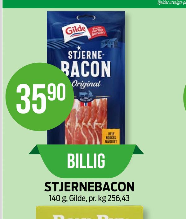 STJERNEBACON 140 g, Gilde, pr. kg 256,43 BILLIG Gilde STJERNE-BACON Original HELE NORGES FAVORITT