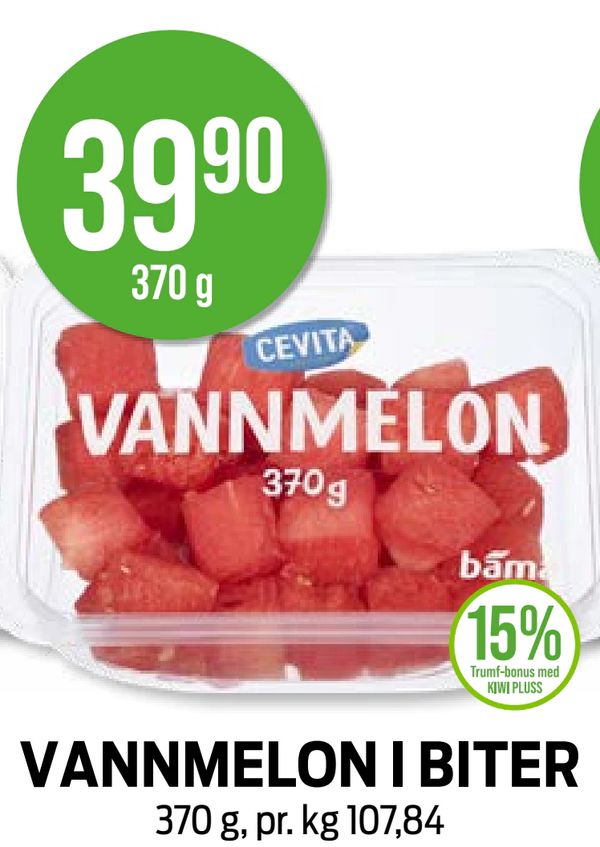 VANNMELON I BITER 370 g, pr. kg 107,84 15% Trumf-bonus med KIWI PLUSS CEVITA VANNMELON 370g bama