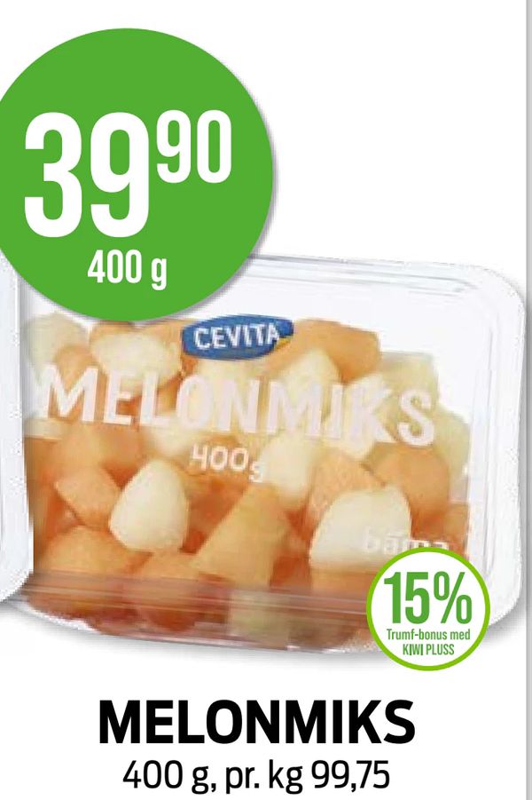 MELONMIKS 400 g, pr. kg 99,75 15% Trumf-bonus med KIWI PLUSS CEVITA MELONMIKS 400g bama