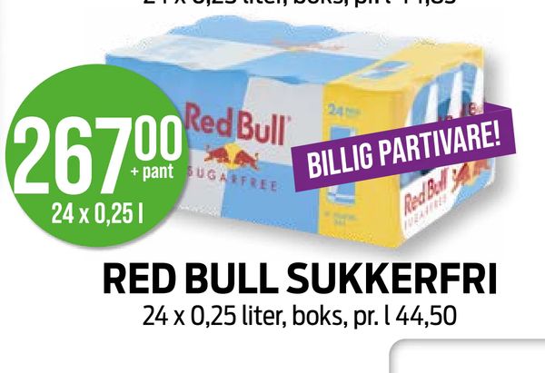 RED BULL SUKKERFRI 24 x 0,25 liter, boks, pr. l 44,50 BILLIG PARTIVARE! 267,00 24 x 0,25 l + pant