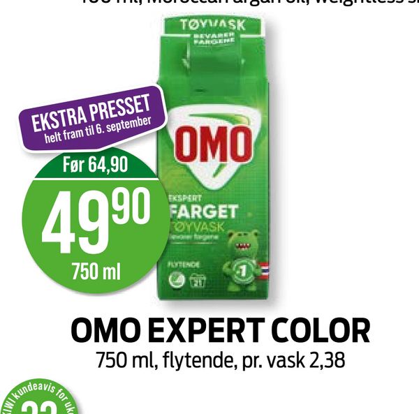 OMO EXPERT COLOR 750 ml, flytende, pr. vask 2,38 EKSTRA PRESSET helt fram til 6. september Før 64,90