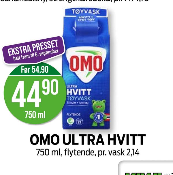 OMO ULTRA HVITT 750 ml, flytende, pr. vask 2,14 EKSTRA PRESSET helt fram til 6. september Før 54,90