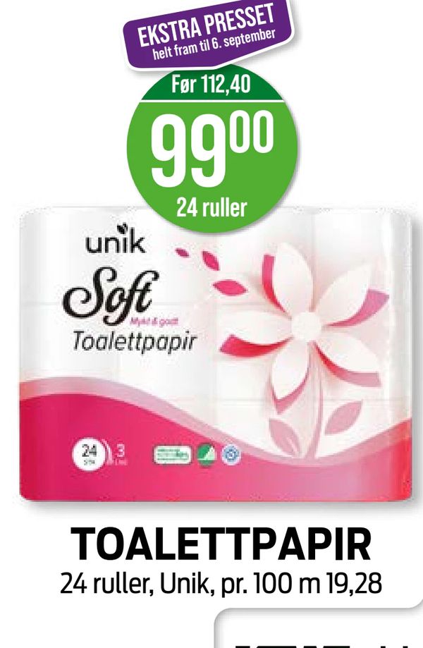 TOALETTPAPIR EKSTRA PRESSET helt fram til 6. september Før 112,40 99,00 24 ruller 24 ruller, Unik, pr. 100 m 19,28