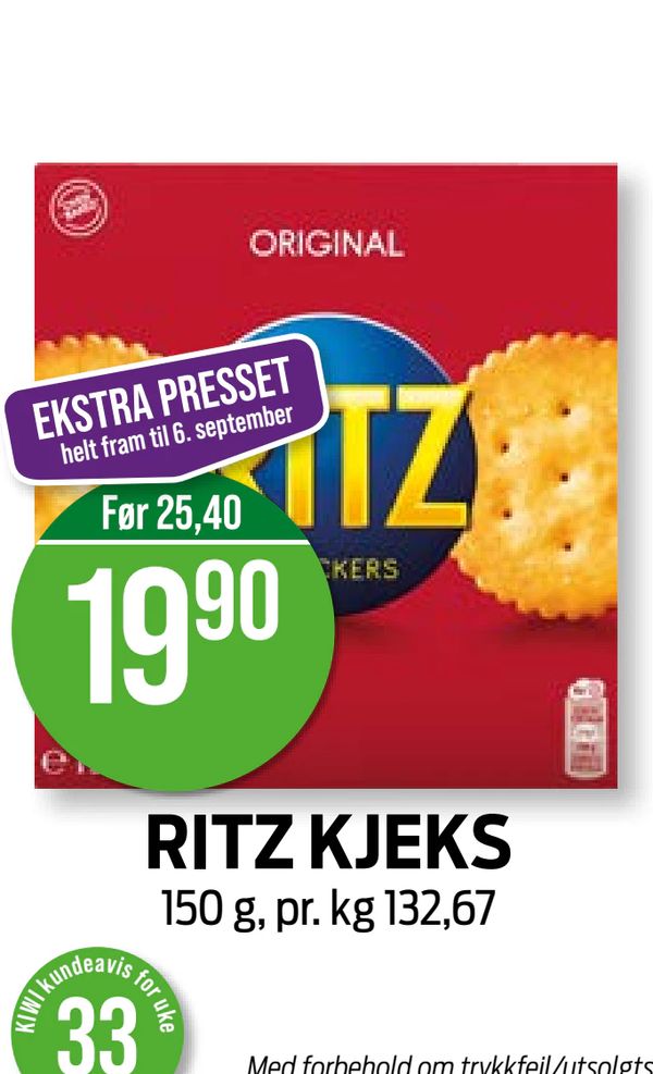 RITZ KJEKS EKSTRA PRESSET helt fram til 6. september Før 25,40 150 g, pr. kg 132,67