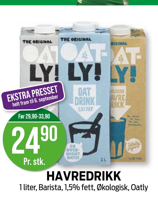 HAVREDRIKK EKSTRA PRESSET helt fram til 6. september Før 29,90-33,90 Pr. stk. 1 liter, Barista, 1,5% fett, Økologisk, Oatly