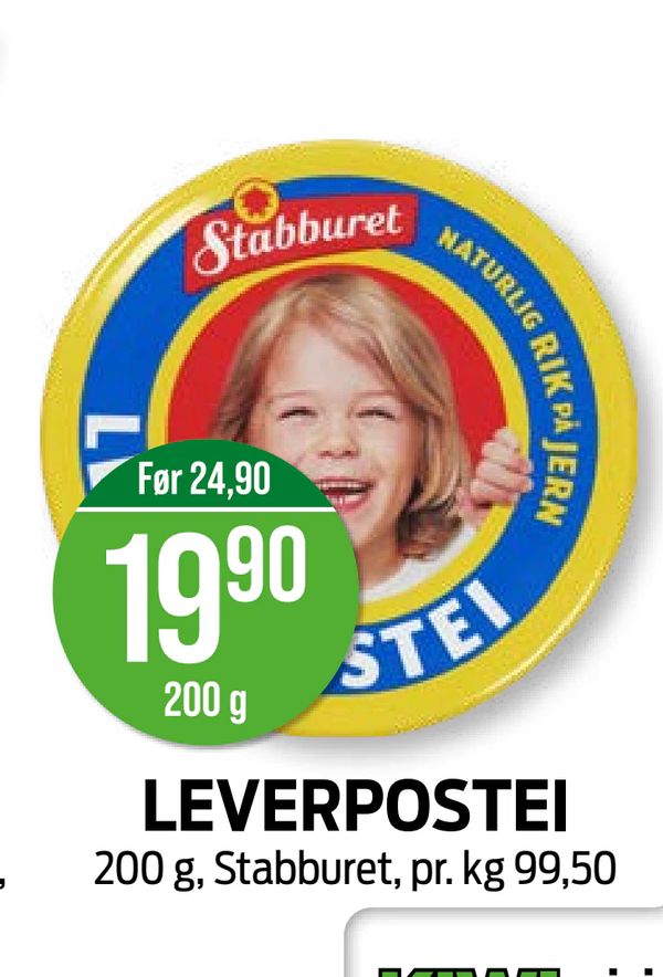LEVERPOSTEI Før 24,90 200 g, Stabburet, pr. kg 99,50