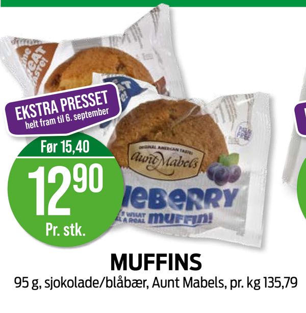 MUFFINS 95 g, sjokolade/blåbær, Aunt Mabels, pr. kg 135,79 EKSTRA PRESSET helt fram til 6. september Før 15,40 Pr. stk.