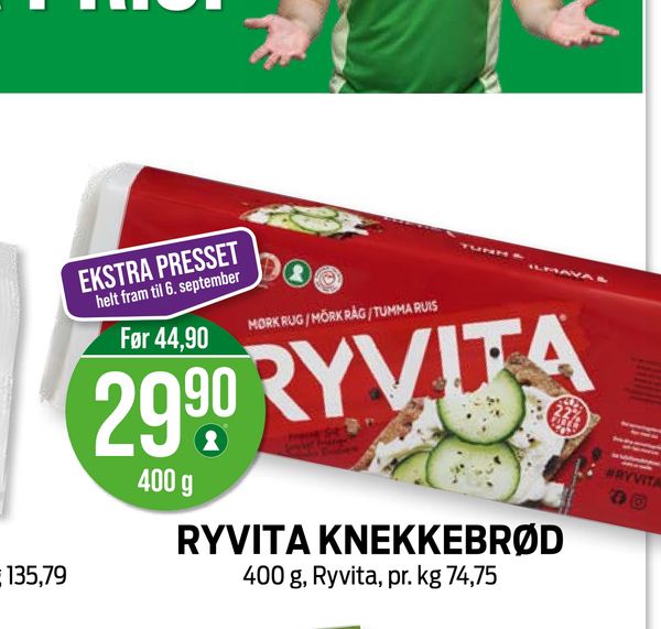 RYVITA KNEKKEBRØD 400 g, Ryvita, pr. kg 74,75 EKSTRA PRESSET helt fram til 6. september Før 44,90 400 g