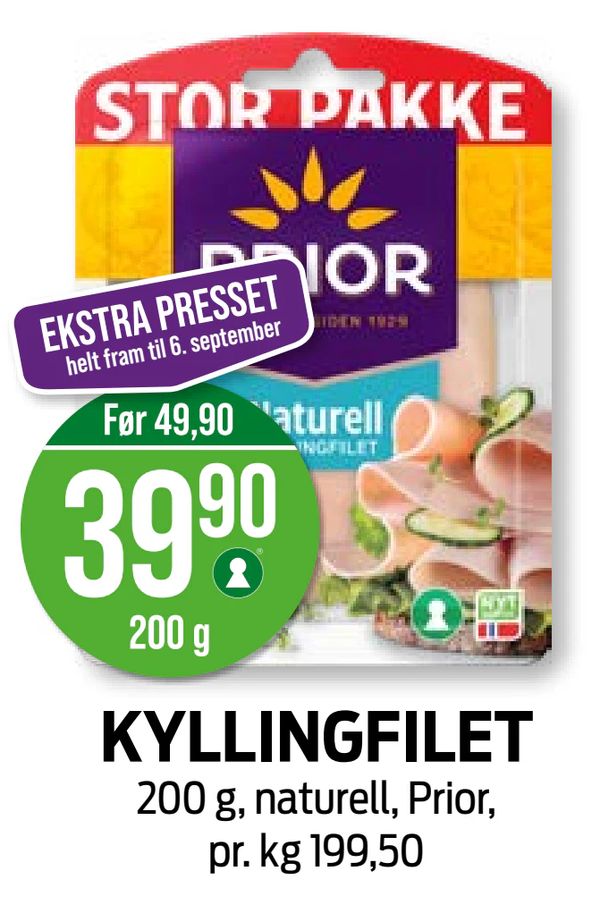 KYLLINGFILET EKSTRA PRESSET helt fram til 6. september
Før 49,90
200 g, naturell, Prior, pr. kg 199,50