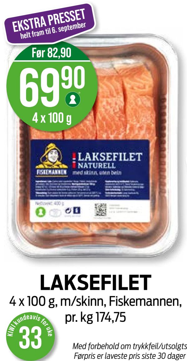 LAKSEFILET EKSTRA PRESSET helt fram til 6. september
Før 82,90
4 x 100 g, m/skinn, Fiskemannen, pr. kg 174,75