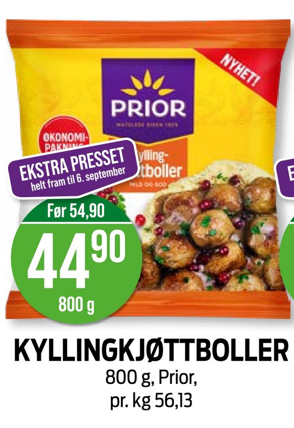 KYLLINGKJØTTBOLLER EKSTRA PRESSET helt fram til 6. september
Før 54,90 800 g, Prior, pr. kg 56,13