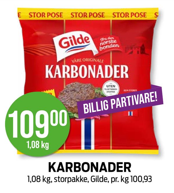 KARBONADER 1,08 kg, storpakke, Gilde, pr. kg 100,93 BILLIG PARTIVARE! 109,00 1,08 kg