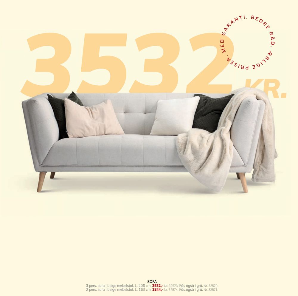 Tilbud på 3 pers. sofa i beige møbelstof fra Daells Bolighus til 3.532 kr.