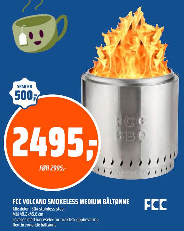 FCC VOLCANO SMOKELESS MEDIUM BÅLTØNNE Alle deler i 304 stainless steel Mål 49,2x45,6 cm Leveres med bæresekk for praktisk oppbevaring Rentbrennende båltønne