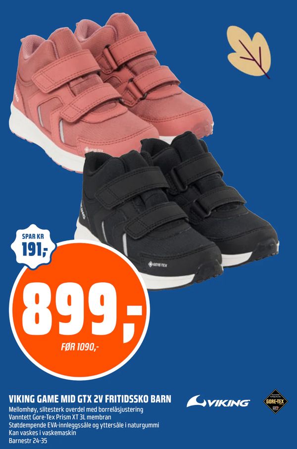 VIKING GAME MID GTX 2V FRITIDSSKO BARN Mellomhøy, slitesterk overdel med borrelåsjustering Vanntett Gore-Tex Prism XT 3L membran Støtdempende EVA-innleggssåle og yttersåle i naturgummi Kan vaskes i vaskemaskin Barnestr 24-35