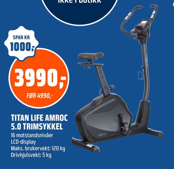 TITAN LIFE AMROC 5.0 TRIMSYKKEL 16 motstandsnivåer LCD-display Maks. brukervekt: 120 kg Drivhjulsvekt: 5 kg