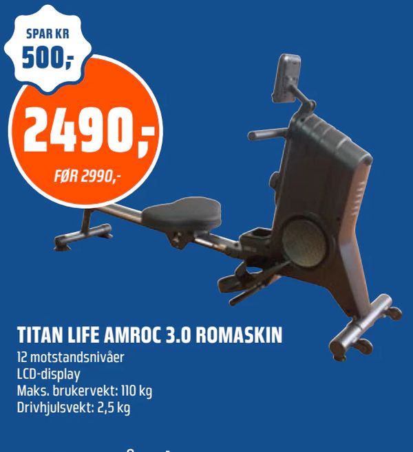 TITAN LIFE AMROC 3.0 ROMASKIN 12 motstandsnivåer LCD-display Maks. brukervekt: 110 kg Drivhjulsvekt: 2,5 kg
