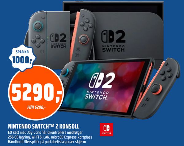 NINTENDO SWITCH™ 2 KONSOLL Ett sett med Joy-Cons håndkontrollere medfølger
256 GB lagring, Wi-Fi 6, LAN, microSD Express-kortplass
Håndholdt/flerspiller på portabel/stasjonær skjerm