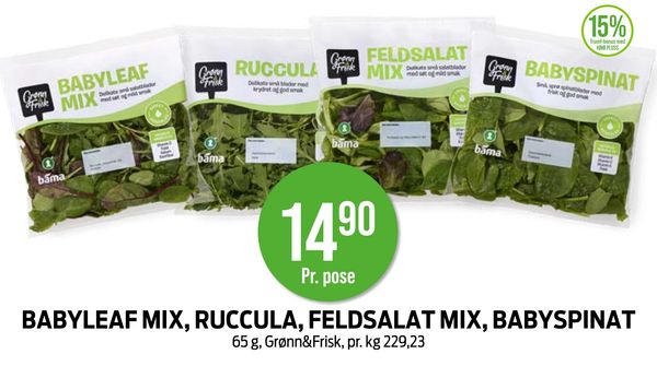 BABYLEAF MIX, RUCCULA, FELDSALAT MIX, BABYSPINAT 65 g, Grønn&Frisk, pr. kg 229,23