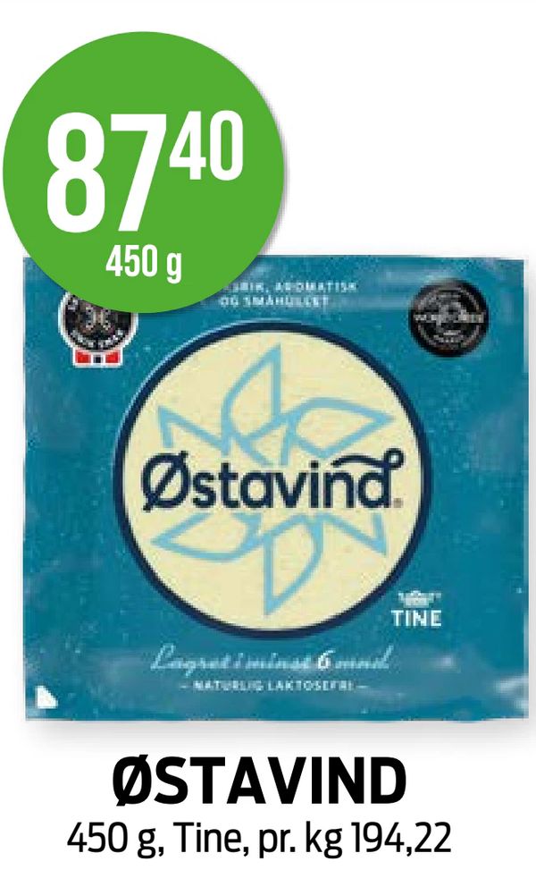 ØSTAVIND 8740 450 g Østavind TINE Lagret i minst 6 mnd. -NATURLIG LAKTOSEFRI- 450 g, Tine, pr. kg 194,22