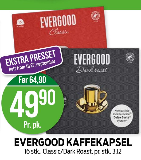 EVERGOOD KAFFEKAPSEL EKSTRA PRESSET helt fram til 27. september Før 64,90 4990 Pr. pk. 16 stk., Classic/Dark Roast, pr. stk. 3,12