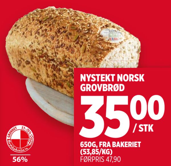 NYSTEKT NORSK GROVBRØD 650G, FRA BAKERIET (53,85/KG). FØRPRIS 47,90