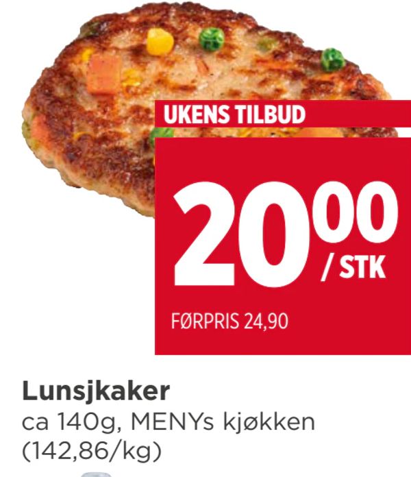 Lunsjkaker ca 140g, MENYs kjøkken (142,86/kg) UKENS TILBUD / STK FØRPRIS 24,90