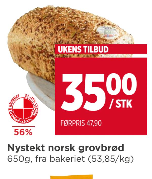 Nystekt norsk grovbrød 650g, fra bakeriet (53,85/kg) 56% UKENS TILBUD / STK FØRPRIS 47,90