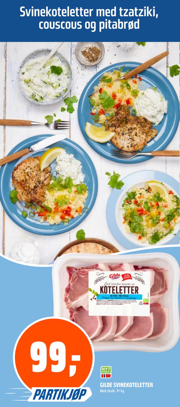 GILDE SVINEKOTELETTER Svinekoteletter med tzatziki, couscous og pitabrød Med skalk. Pr kg