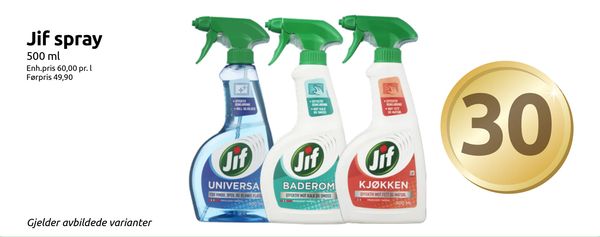 Jif spray 500 ml Enh.pris 60,00 pr. l Førpris 49,90 Gjelder avbildede varianter
