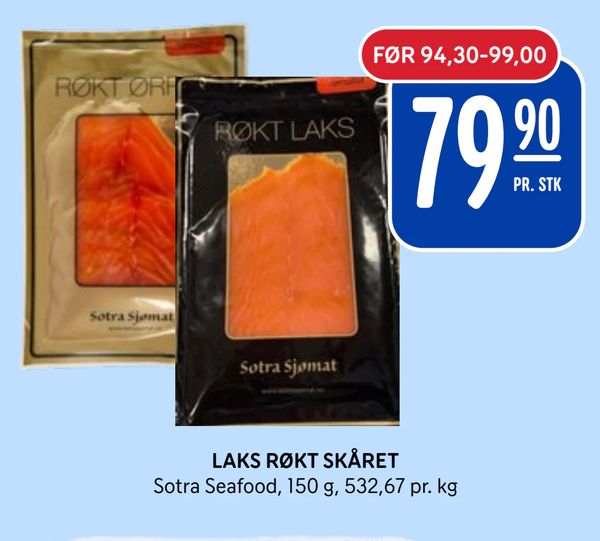 LAKS RØKT SKÅRET Sotra Seafood, 150 g, 532,67 pr. kg PR. STK FØR 94,30-99,00