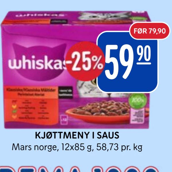 KJØTTMENY I SAUS Mars norge, 12x85 g, 58,73 pr. kg -25% FØR 79,90
