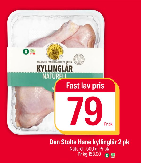 Den Stolte Hane kyllinglår 2 pk Fast lav pris Pr pk Naturell. 500 g. Pr pk Pr kg 158,00