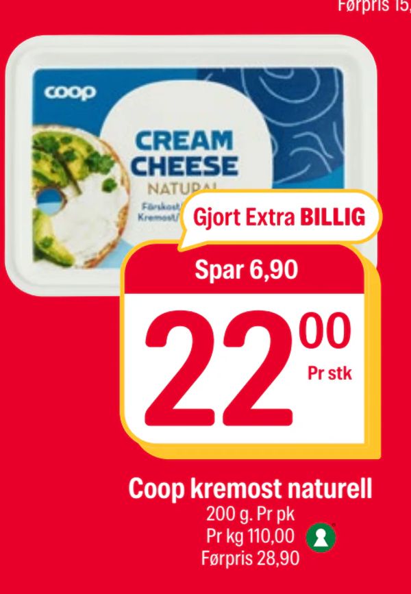 Coop kremost naturell 200 g. Pr pk Pr kg 110,00 Førpris 28,90 Gjort Extra BILLIG Spar 6,90 22,00 Pr stk