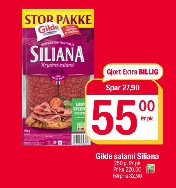 Gilde salami Siliana STOR PAKKE Gjort Extra BILLIG Spar 27,90 250 g. Pr pk Pr kg 220,00 Førpris 82,90